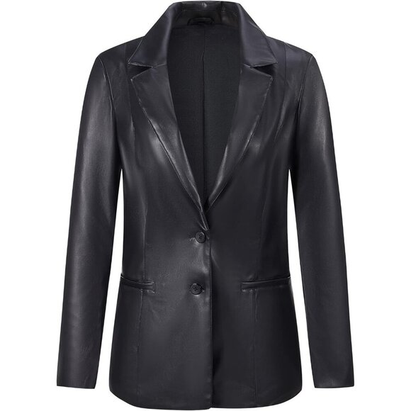 🆕 Women Black Faux Leather Blazer Jackets Spring Fashion Vegan Button Down Coat - Picture 2 of 6